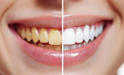 Before and after dental treatment showcasing transformation in teeth appearance with whitening and improved dental health