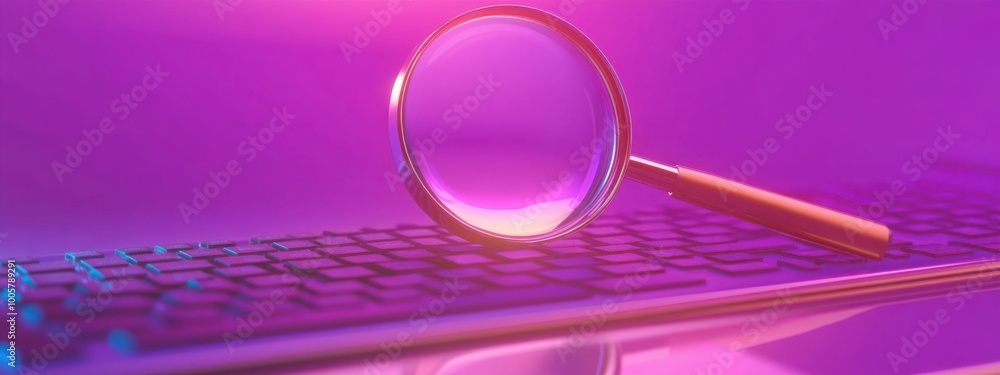 Aufkleber a magnifying glass floating over a computer keyboard on a purple background
