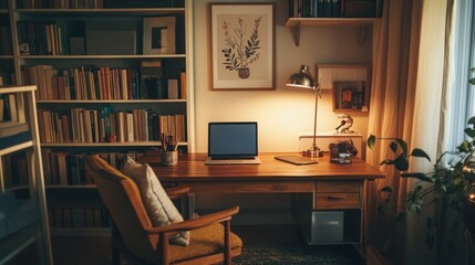 Fototapeta premium A cozy home office setup with a wooden desk, a comfortable chair, and a laptop, surrounded by bookshelves and inspirational wall art