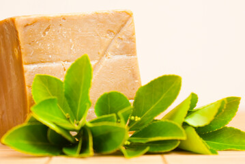 Handmade soap with herbal leaves