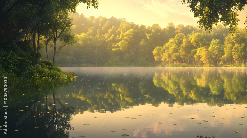 Poster serene lakeside setting with calm waters mirroring the surrounding lush forest creating intricate re