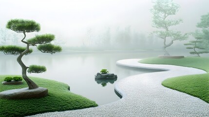 Tranquil and serene Japanese zen garden landscape with a peaceful pond raked gravel pathways and carefully pruned bonsai trees rendered in a refined minimalist ink wash painting style with a soft