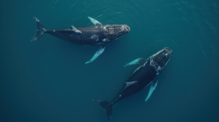 Fototapeta premium Stunning Aerial Drone Photo of Whales in the Ocean – Captivating Wildlife and Marine Mammal Photography