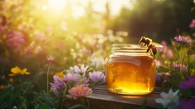 A jar of golden honey sitting on a rustic wooden table, surrounded by wildflowers, with a bee gently landing on the jar