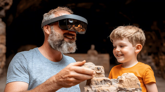 man and boy are enjoying fun moment together while exploring historical site, using augmented reality glasses to enhance their experience