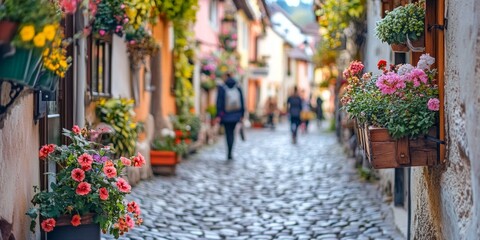 Charming cobblestone street lined with colorful flowers. A serene pathway invites strolls and exploration. Perfect for travel articles and lifestyle blogs.