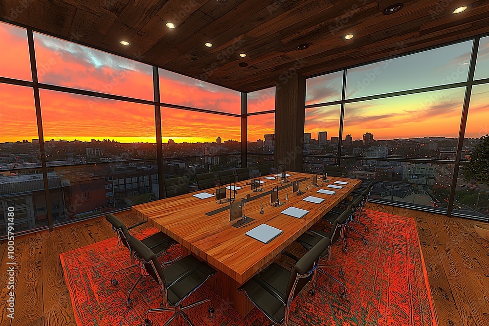 Wall mural Modern conference room with panoramic city views and a sunset.