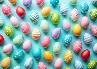 Fototapeta premium Radiant Easter eggs dot a soft pastel blue canvas, creating a joyful ambiance for spring celebrations and festive