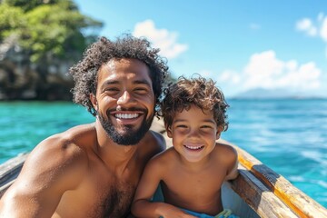 Smiling father and son in a boat. Perfect for representing family, vacation, and joy.