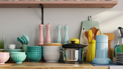 Modern kitchen with wooden shelves, plants, jars, and utensils. Bright
, organized, and cozy with natural light and stylish decor.