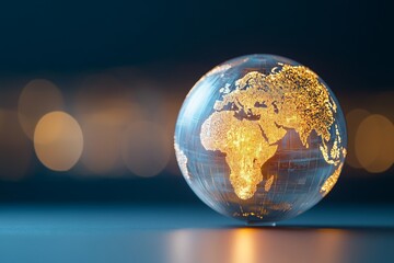 World globe glowing softly with golden continents on a blurred dark background