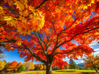 Fototapeta premium Autumn maple tree with vibrant red and orange leaves against a clear sky 맑은 하늘을 배경으로 선명한 빨강과 주황빛 단풍이 물든 가을 단풍나무