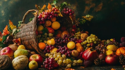 A side view of a Thanksgiving cornucopia centerpiece, overflowing with fruits, vegetables, and nuts.