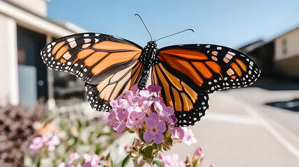 Fototapeta premium vibrant monarch butterfly perched on pink flowers, showcasing its striking orange and black wings against clear blue sky. scene captures beauty of nature and delicate balance of life