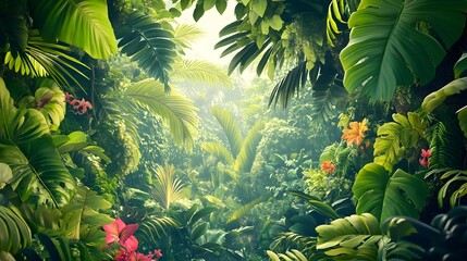 Lush and verdant jungle scene with towering canopy of vibrant green leaves tangled vines and exotic flowering plants evoking a sense of discovery and adventure in a cinematic