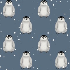 Fototapeta premium Cheerful penguins celebrating New Year's Eve in a festive snowy pattern on a blue background
