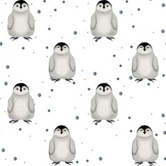 Cute New Year's Eve penguin pattern with snowflakes on a white background
