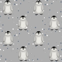 New Year’s Eve themed penguin pattern with snowflakes in a festive winter wonderland setting