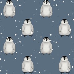 Cheerful penguin pattern celebrating New Year's Eve with snowflakes on a winter background