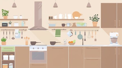 Modern kitchen with wooden shelves, plants, jars, and utensils. Bright
, organized, and cozy with natural light and stylish decor.