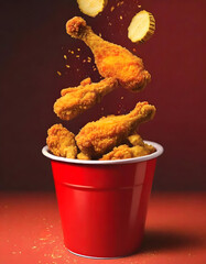fried chicken floating from the bucket