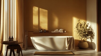 Fototapeta premium A serene bathroom with a freestanding tub, natural light, and calming decor.