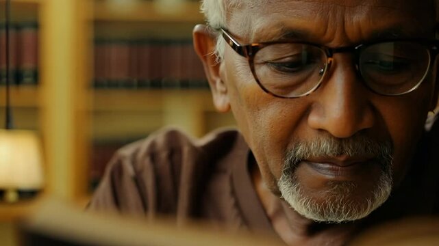 Old African American man reading the book in a library. A moment of reflection as he enjoys a classic book in the library.