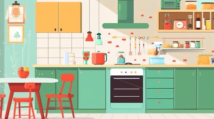 Modern kitchen with wooden shelves, plants, jars, and utensils. Bright
, organized, and cozy with natural light and stylish decor.