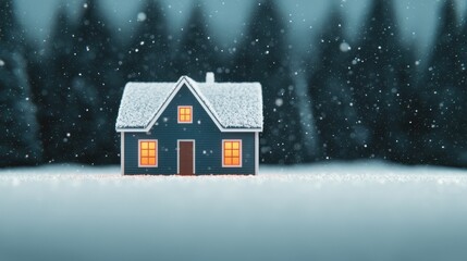 Naklejka premium Charming house in winter scenery with snow and illuminated windows, serene atmosphere.