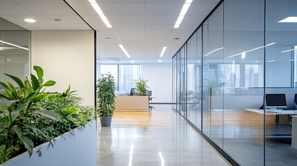 Obraz premium Modern office interior with glass walls and greenery, promoting a productive work environment.