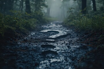  Question mark formed by footprints in muddy forest trail, leading into mist, with dense trees, underbrush creating mysterious, eerie atmosphere.