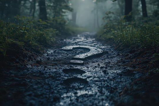  Question mark formed by footprints in muddy forest trail, leading into mist, with dense trees, underbrush creating mysterious, eerie atmosphere.