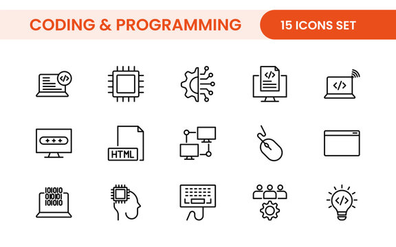 Programming coding set of web icons in line style. Software development icons for web and mobile app. Code, api, programmer, developer, information technology, coder and more.