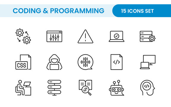 Programming coding set of web icons in line style. Software development icons for web and mobile app. Code, api, programmer, developer, information technology, coder and more.