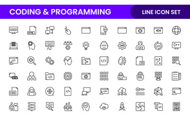 Programming coding set of web icons in line style. Software development icons for web and mobile app. Code, api, programmer, developer, information technology, coder and more.