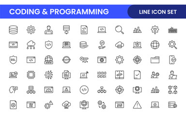 Programming coding set of web icons in line style. Software development icons for web and mobile app. Code, api, programmer, developer, information technology, coder and more.