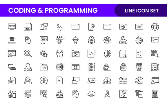 Programming coding set of web icons in line style. Software development icons for web and mobile app. Code, api, programmer, developer, information technology, coder and more.