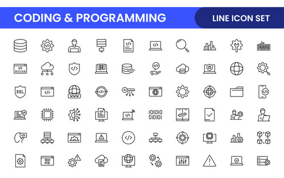 Programming coding set of web icons in line style. Software development icons for web and mobile app. Code, api, programmer, developer, information technology, coder and more.