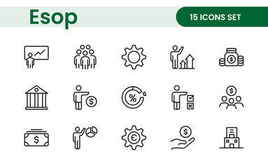 Outline icons about ESOP employee stock ownership plan. Contains such icons as company, win-win, scheme and benefits.