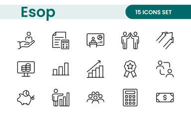 Outline icons about ESOP employee stock ownership plan. Contains such icons as company, win-win, scheme and benefits.