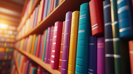 Bookshelves filled with colorful textbooks and journals, 3D illustration