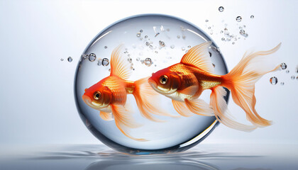 Two live goldfish swimming in water in a closed glass lantern on a white background.