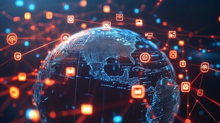 A digital globe surrounded by social media icons and symbols, representing global connectivity
