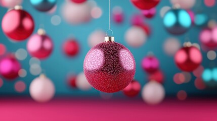Obraz premium Colorful Christmas ornaments hanging on a vibrant background.