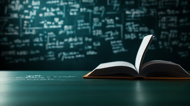 Classroom chalkboard with equations and open book, 3D illustration