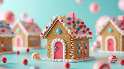 Colorful gingerbread houses decorated with candy, festive background.