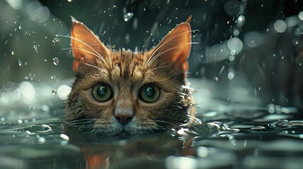 Close-Up of a Wet Cat in the Rain