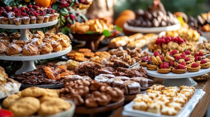 Obraz premium A side view of the Thanksgiving sweets table, filled with cookies, candies, and other treats.