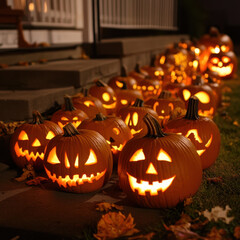 Spooky Halloween pumpkins glow warmly on porch, creating festive atmosphere. carved faces express joy and fright, inviting all to celebrate season