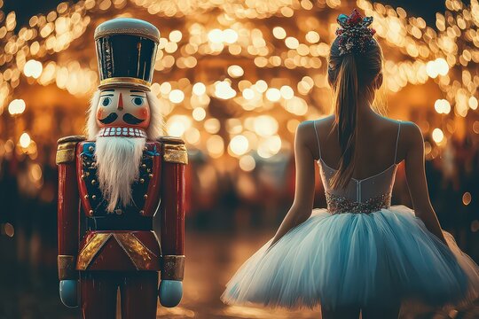 Fototapeta  Nutcracker standing with ballerina figurine, both poised on richly adorned stage, soft glow of spotlights highlighting intricate costume details.